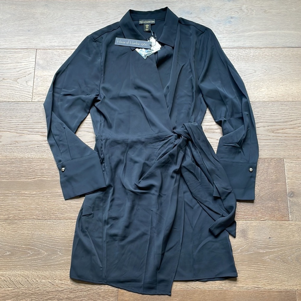 NWT House of Harlow Long Sleeve Shirt Mini Wrap Dress Satin Look Size Medium
